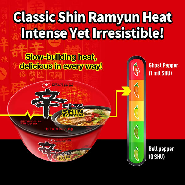 Nongshim Shin Ramyun Bowl Noodles: Spicy Korean Instant Ramen with Rich Beef Broth, Microwaveable
