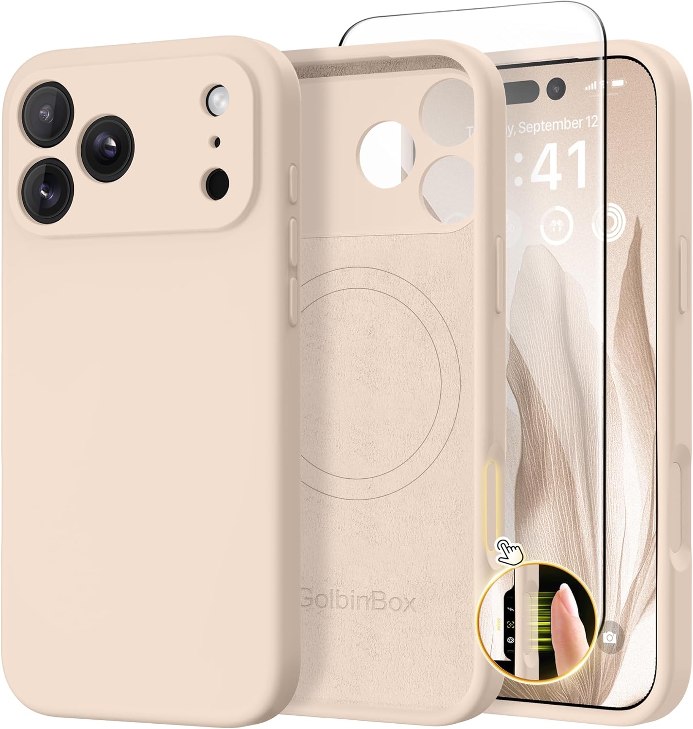 GolbinBox Magnetic for iPhone 17 Pro Max Case, Compatible with MagSafe, [Full Camera Protection] [Screen Protector], Silicone Shockproof Phone Cover with Anti-Scratch Microfiber Lining, Chalk Pink - Rayz Mart