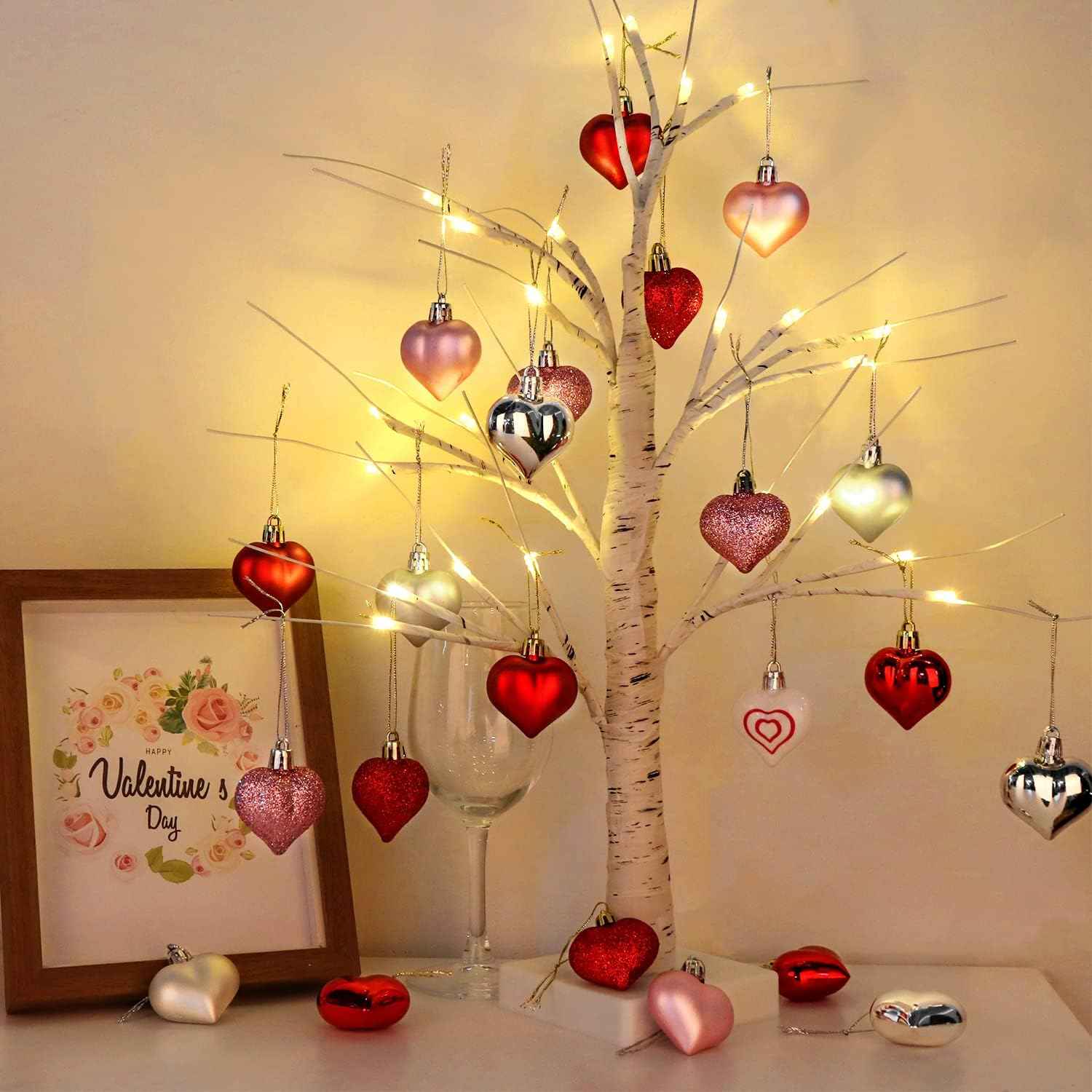 Valentines Day Decor Lighted Birch Tree with 24pcs Heart Ornaments, Valentine Table Decorations White Birch Twig Tree with LED Lights and Cute Heart Decor for The Home Wedding Dinner Gifts