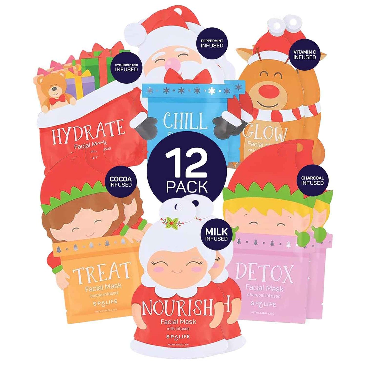 SpaLife Beauty Holiday Treats Christmas Face Mask Bundle | Korean Facial Mask | Hydrating, Soothing and Moisturizing Sheet Mask Set | Stocking Stuffers for Women | Bulk Christmas Gifts | 12 Pack
