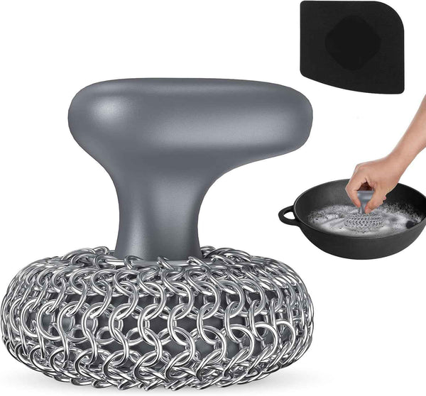Purgreat Cast Iron Scrubber | Dish Scrub Brush | 316 Cleaner Chainmail Scrubber for Cast Iron Pan Skillet Cleaner - Dish Scouring Pad Dishwasher Safe Cleaning Kit, Black 02