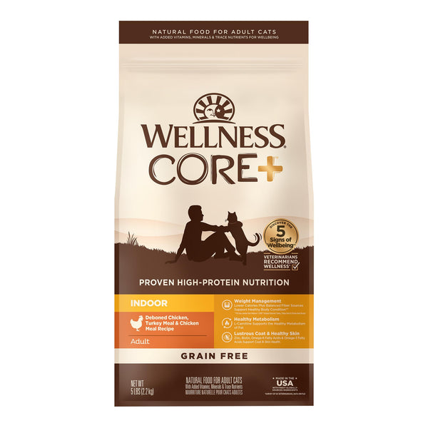 Wellness CORE+ Adult Indoor Cat Food, Grain-Free, Natural, Chicken, Turkey & Chicken Meal, 5 Pound Bag