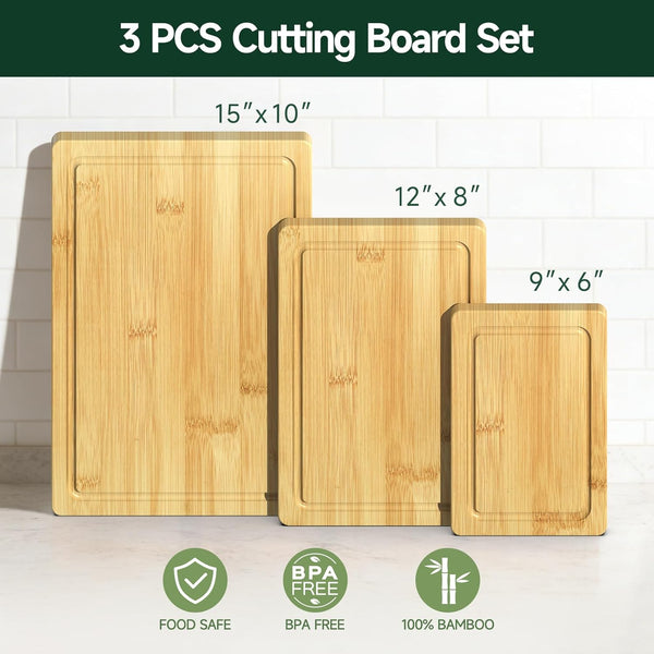 Bamboo cutting board set for kitchen with deep juice grooves and pre-oiled surface
