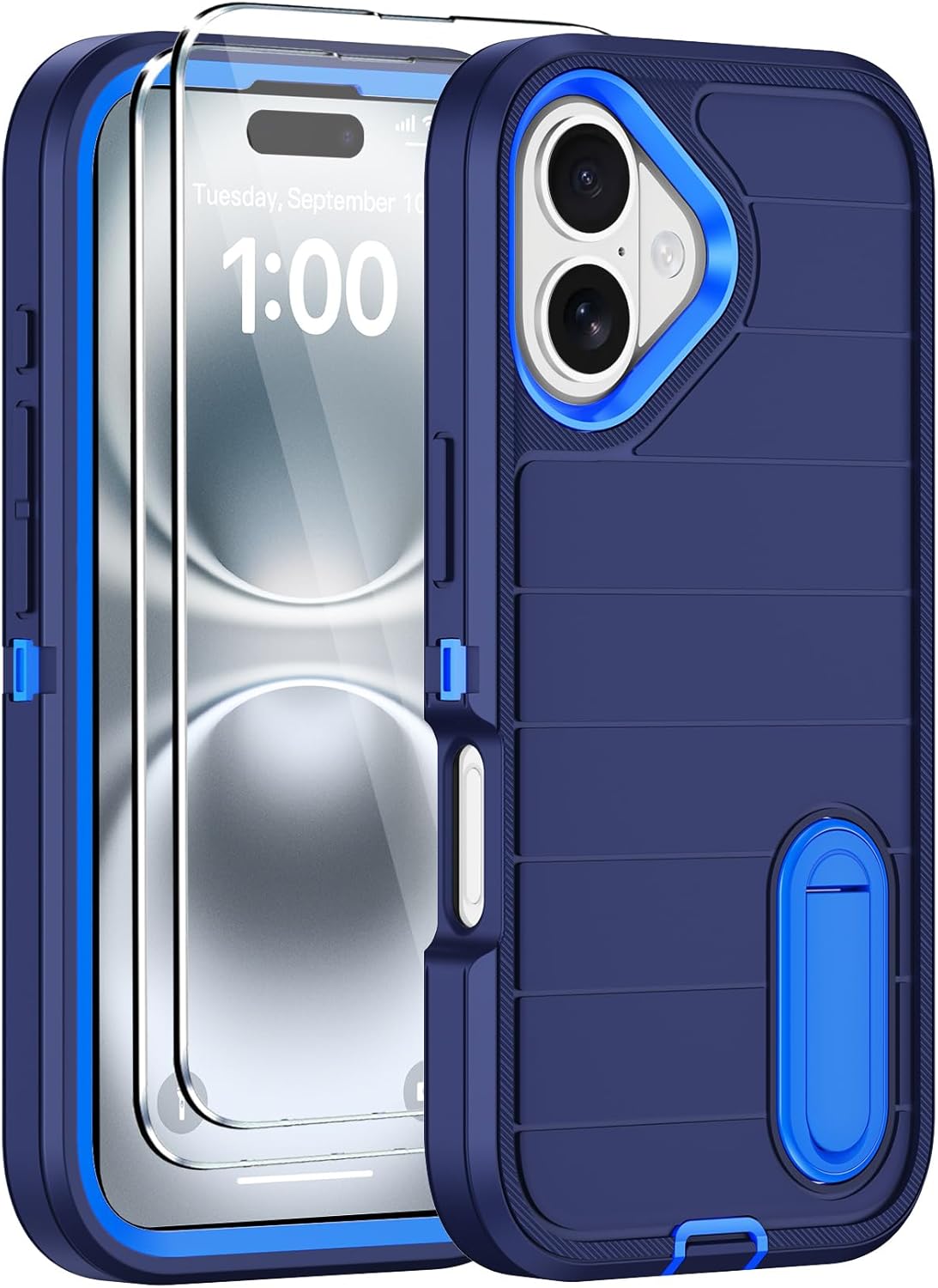 for iPhone 16 Case with 2 Screen Protectors,Heavy Duty Shockproof Drop Protection Military Grade Tri-Layer Rugged Cell Phone Cover with Built-in Invisible Kickstand 6.1“ (Black)