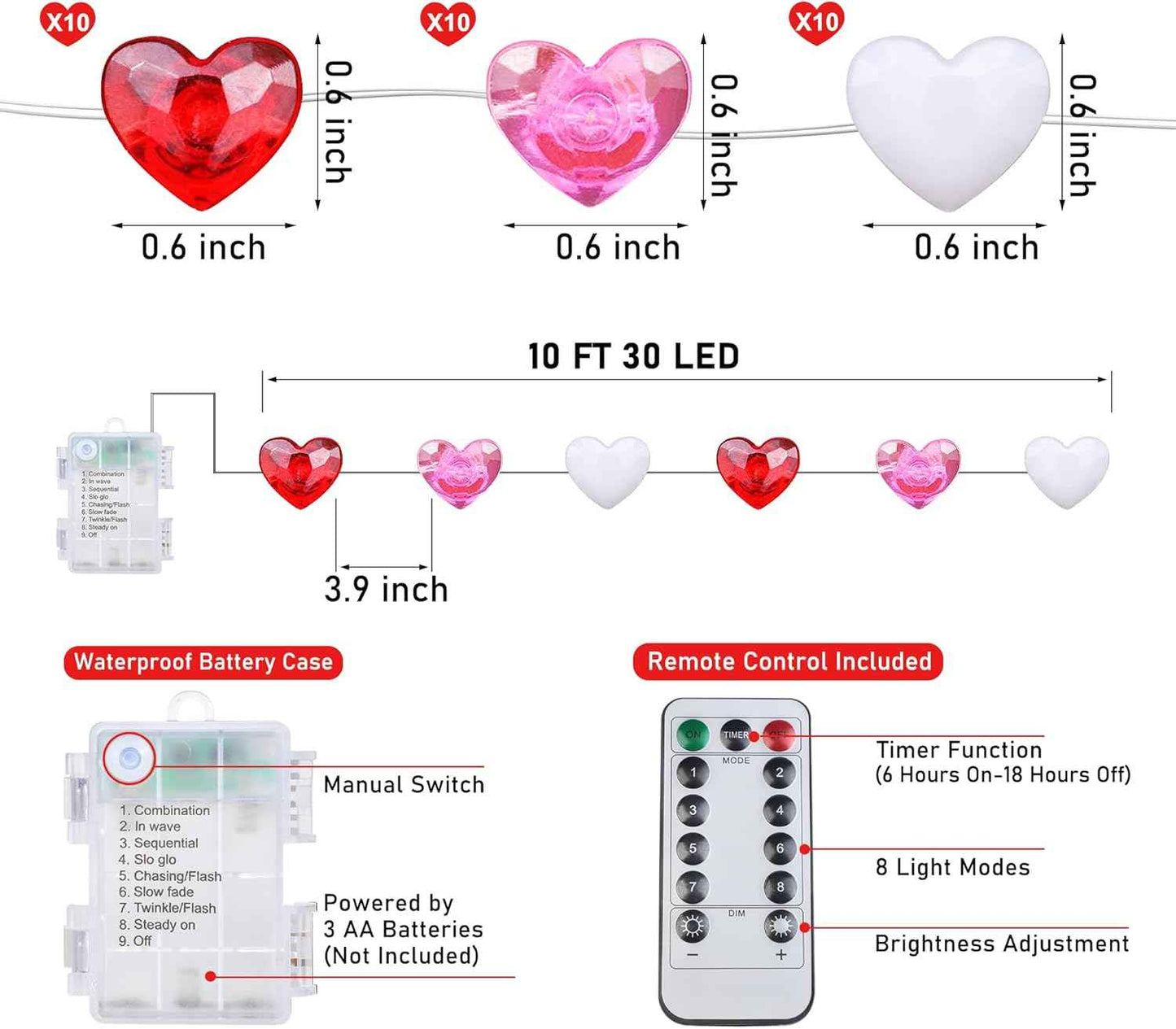 Valentines Decor 10FT 30 LED Valentine's Lights with Timer, Red Pink White Heart Lights String Battery Operated, 8 Modes Valentines Decorations Heart Fairy Lights Romantic Decor Home Bedroom