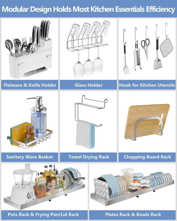 3 Tier Extra Large Stainless Steel Over The Sink Dish Drying Rack - Expandable Multifunctional Organizer and Space-Saving Above Sink Dish Rack
