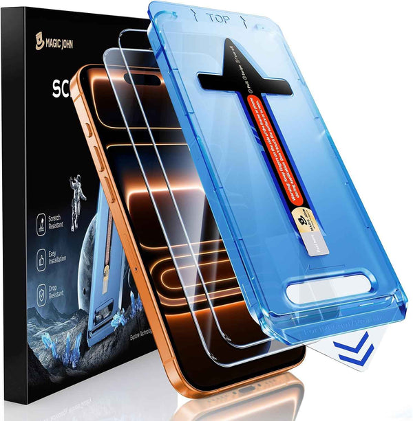 Magic John tempered glass screen protector for iPhone 17 Pro Max 6.9 inch, 2 pack, auto dust-elimination, bubble free