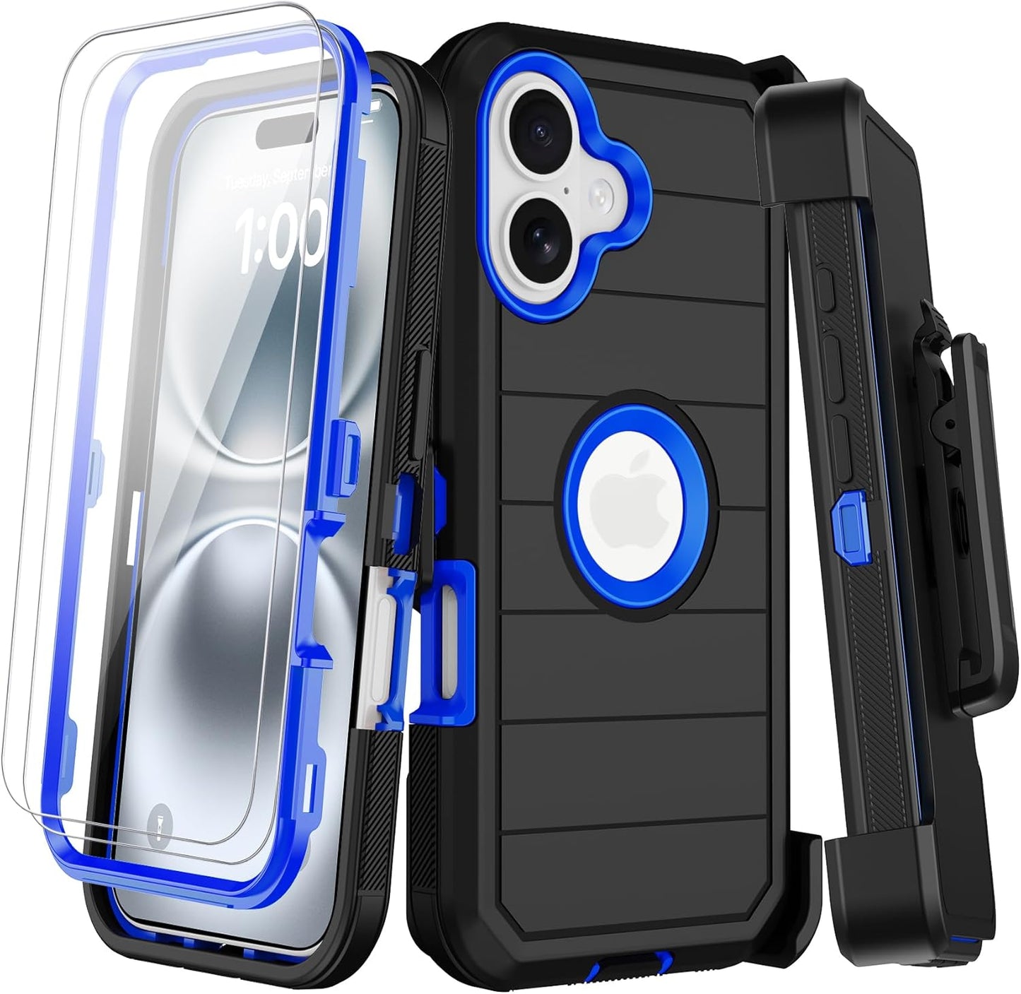 for iPhone 16 Case with 2 Screen Protectors,Heavy Duty Shockproof Drop Protection Military Grade Tri-Layer Rugged Cell Phone Cover with Built-in Invisible Kickstand 6.1“ (Black)