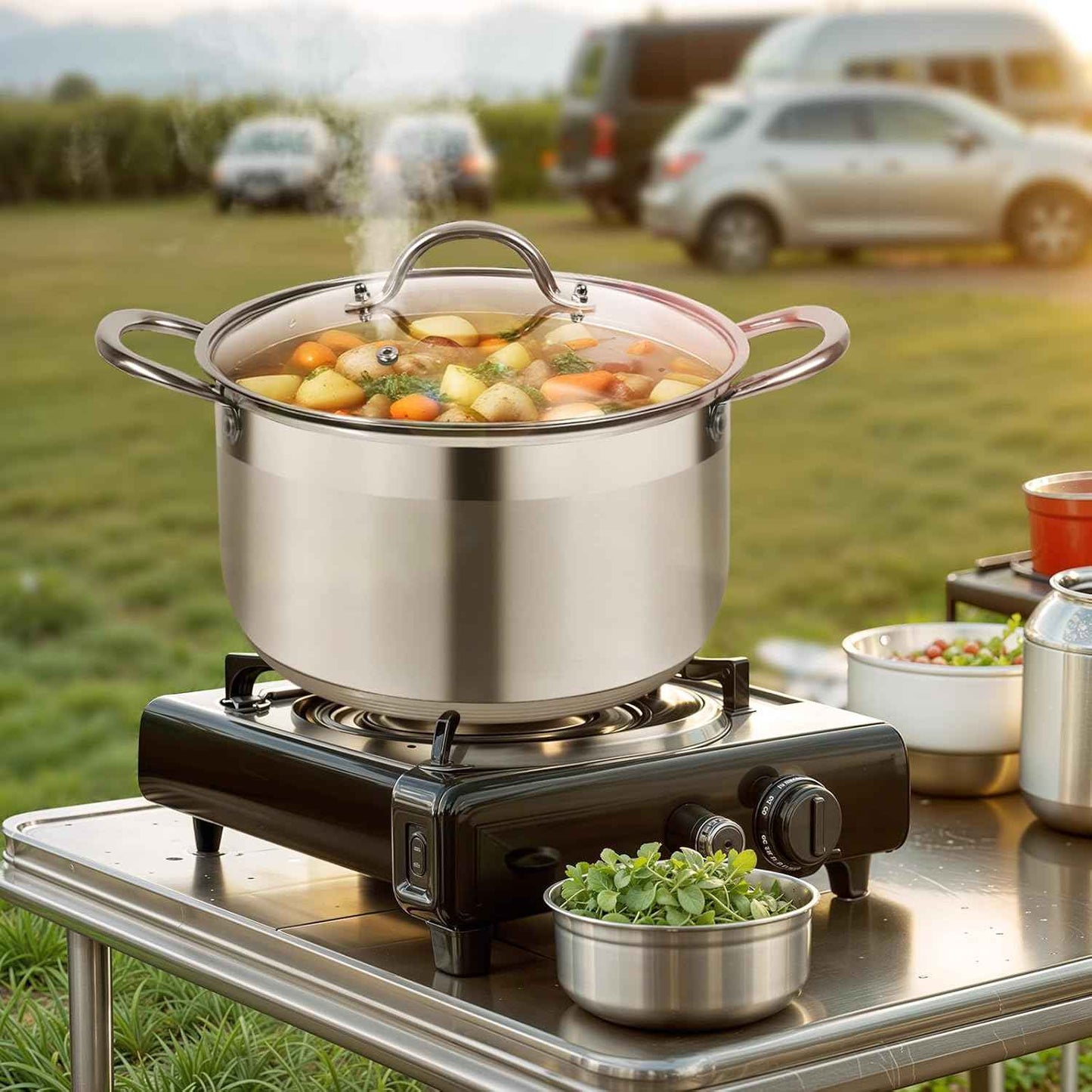 8 Quart Stainless Steel Stock Pot Heavy Duty Induction Cooking Pot with Visible Lid