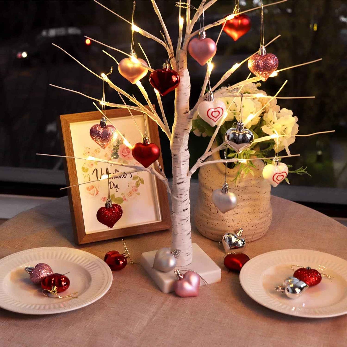 Valentines Day Decor Lighted Birch Tree with 24pcs Heart Ornaments, Valentine Table Decorations White Birch Twig Tree with LED Lights and Cute Heart Decor for The Home Wedding Dinner Gifts