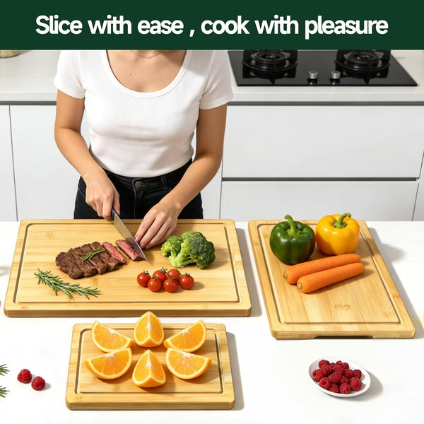 Bamboo cutting board set for kitchen with deep juice grooves and pre-oiled surface