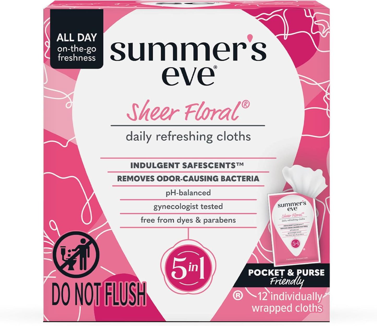 Summer's Eve Ultimate Odor Protection Daily Feminine Wipes, Gentle pH-Balanced Formula with Boric Acid Cleanses & Removes Vaginal Odor, Individually Wrapped Body Wipes, 12 Count