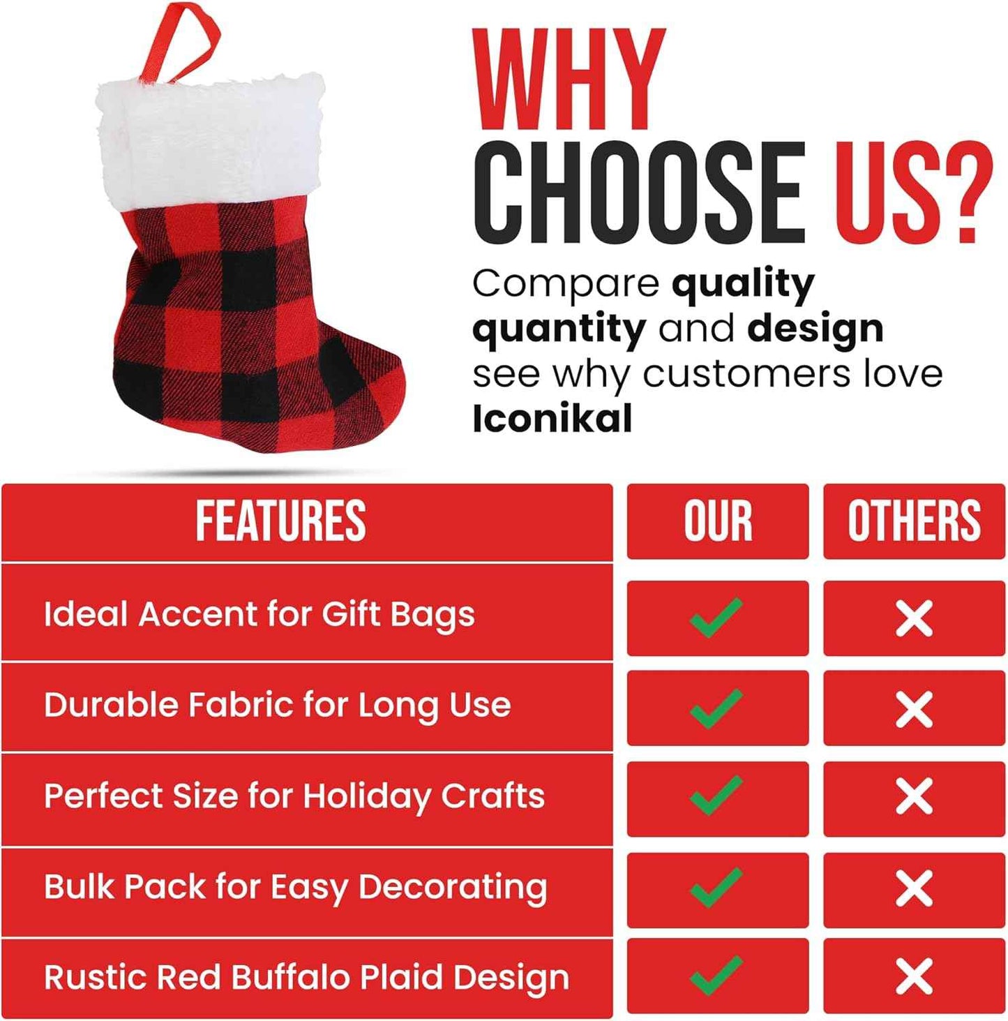 Iconikal 24-Pack Mini Christmas Stockings, 6-Inch, Red Buffalo Plaid Decoration Ornament