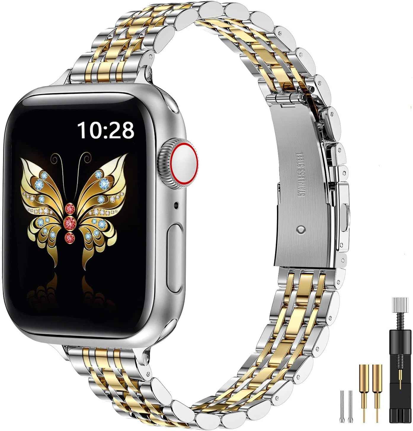 MioHHR silver/gold stainless steel Apple watch band compatible with 42mm, 41mm, 40mm, 38mm