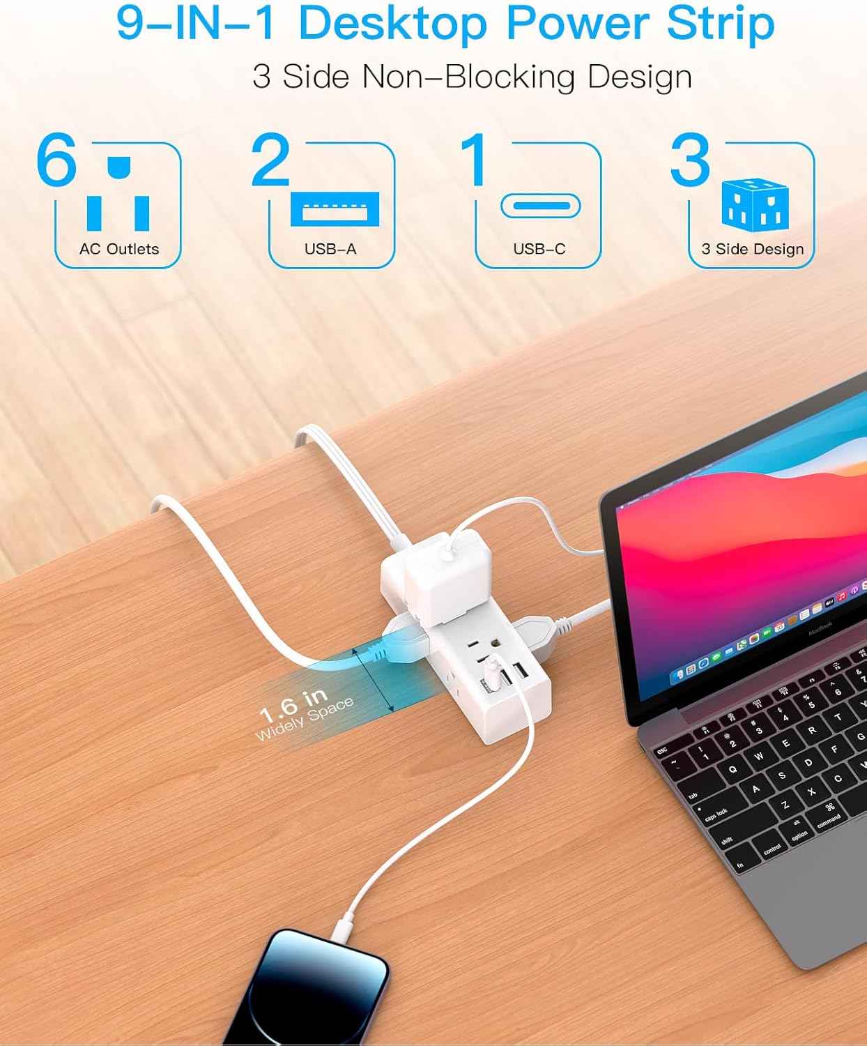 One Beat 10Ft Extension Cord with Multiple Outlets,Flat Plug Power Strip Surge Protector with 10 Ft Long Cord,6 Outlet 4 USB Ports (2USB C),Multi Outlet Wall Plug for Travel,College,Dorm Essentials