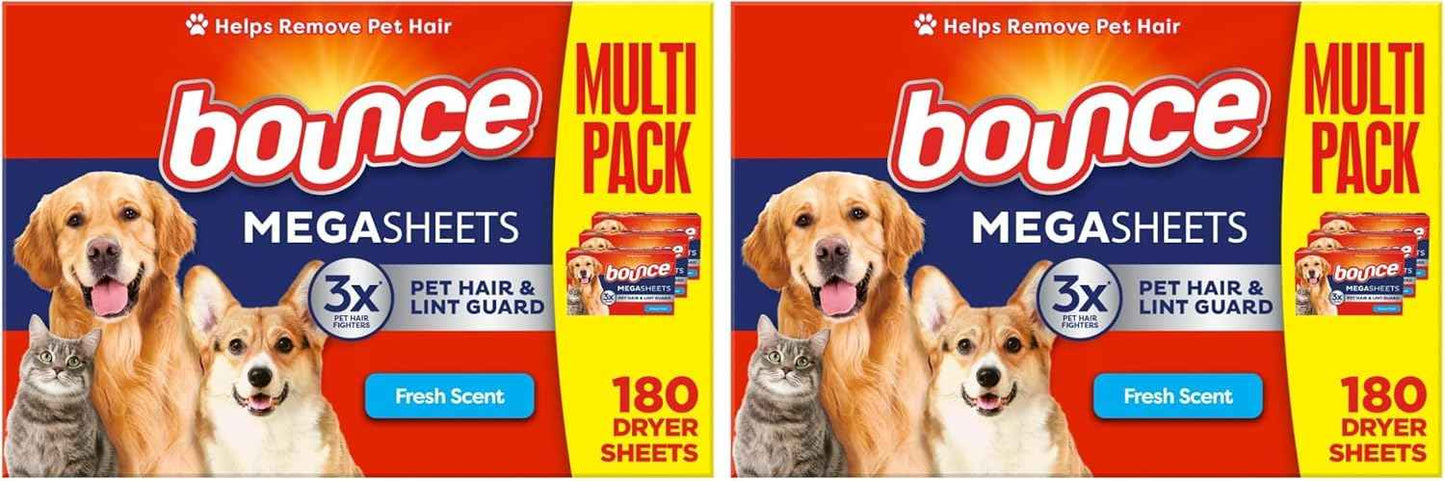 Bounce Pet Hair and Lint Guard Mega Fabric Softener Dryer Sheets with 3X Pet Hair Fighters, Fresh Scent, 180 Count, Bounce Dryer Sheets, Laundry Sheets, Mega Sheet