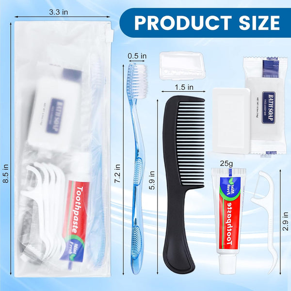 hqsl 10-set personal hygiene kit, disposable toothbrushes with toothpaste floss comb soap and cover for travel, homeless, women, men