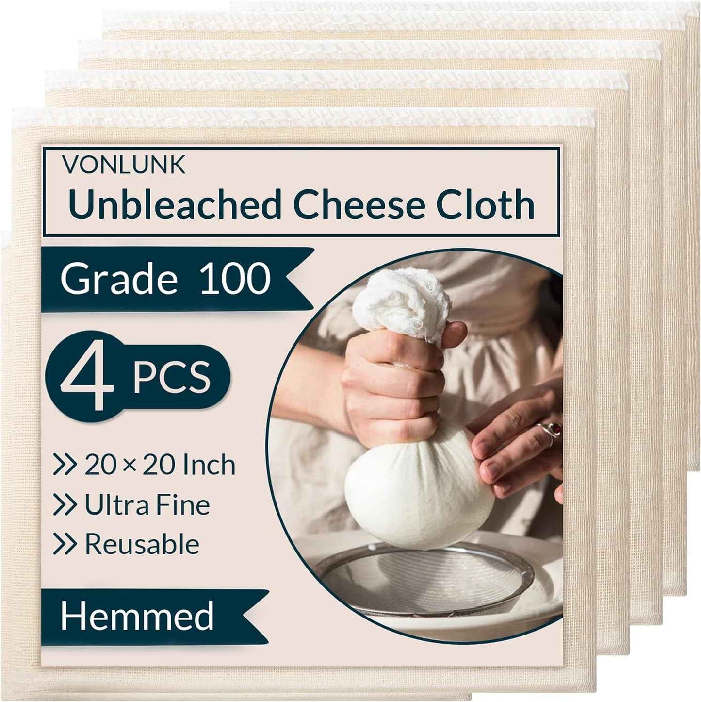 6-Pack Cheesecloth, 20x20 Inch Hemmed Cheese Cloth for Straining, Reusable Unbleached Cotton Strainer for Cooking, Baking, Juicing, and Cheese Making (Grade 100)