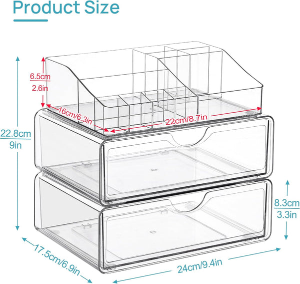 3 Tier Clear Makeup Organizer with Drawer for Countertop and Bathroom Vanity