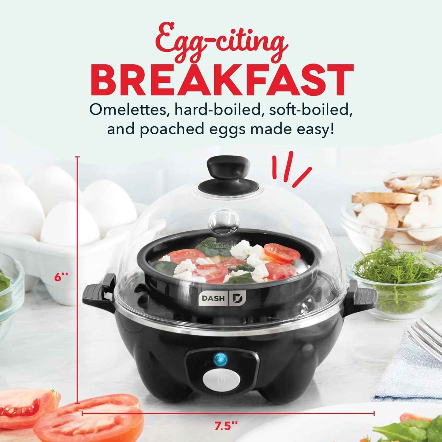 DASH Rapid Egg Cooker: 7 Egg Capacity Electric Egg Cooker for Hard Boiled Eggs, Poached Eggs, Scrambled Eggs, or Omelets with Auto Shut Off Feature - Black'