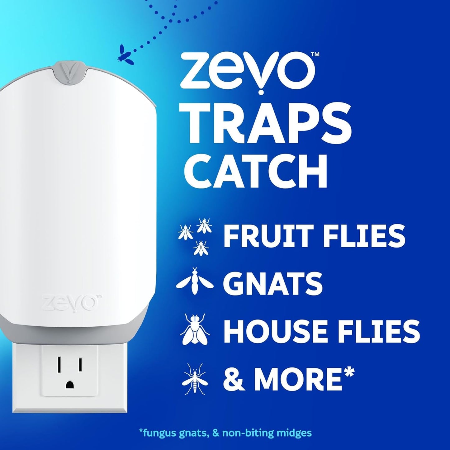 Zevo Flying Insect Trap & 3 Refill Cartridges - Plug in Fly Trap & Indoor Bug Catcher for Gnats, House & Fruit Flies - Blue & UV Light Technology, Mess-Free Alternative to Bug Zapper