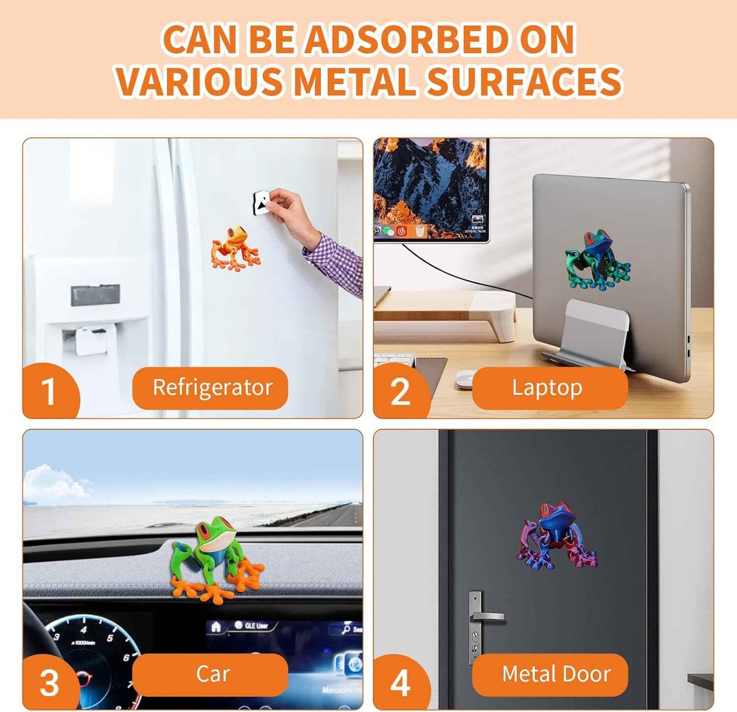 4Pcs 3D Printed Magnetic Frog Fridge Magnets, Realistic Jointed Jumping Frogs Model, Magnetic Frog Refrigerator Magnets Decor, for Home Office Decor
