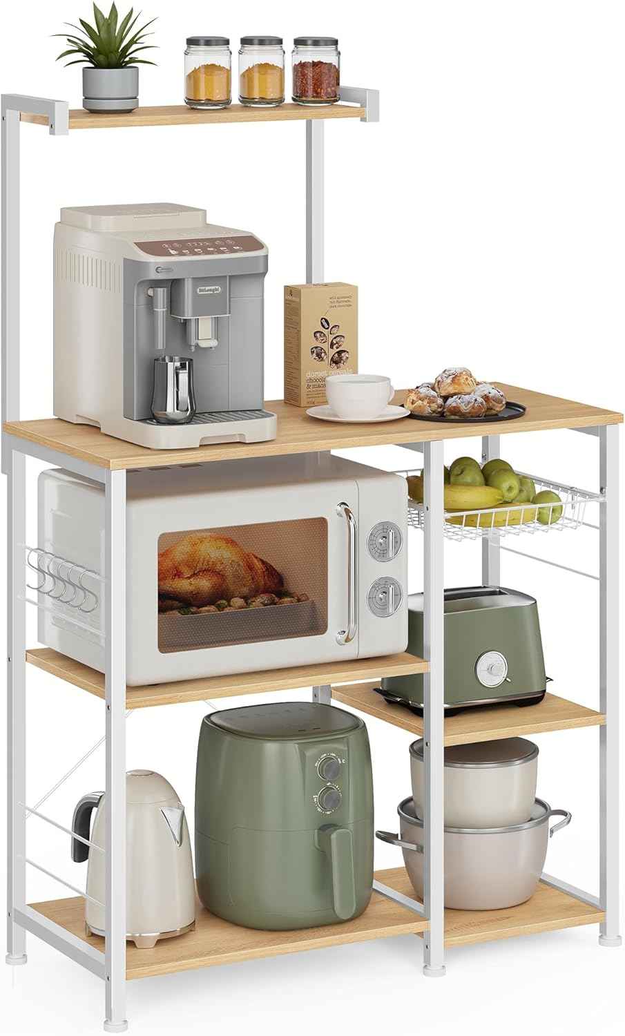 VASAGLE Baker's Rack, Microwave Stand, Kitchen Storage Rack with Wire Basket, 6 Hooks, and Shelves, for Spices, Pots, and Pans, Rustic Brown and Ink Black UKKS35X