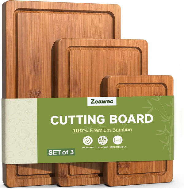 Bamboo cutting board set for kitchen with deep juice grooves and pre-oiled surface
