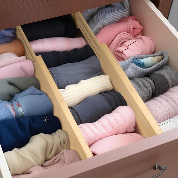 Adjustable bamboo drawer dividers for dresser organization
