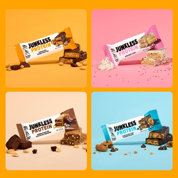 JUNKLESS Protein Bars Variety Pack with 4 Flavors and 12 Bars