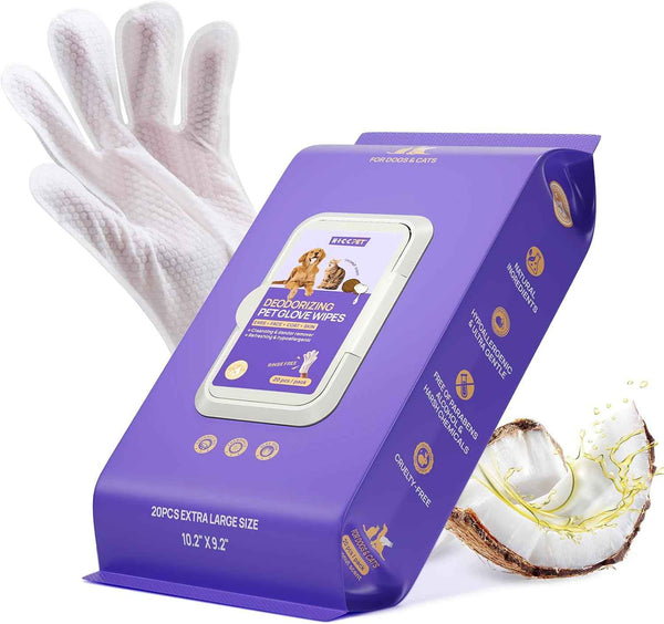 hicc pet cleaning deodorizing glove wipes for dogs & cats, vet recommended, hypoallergenic, coconut oil