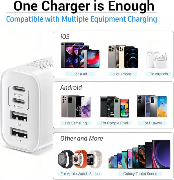 40W 4 Ports USB-C Wall Charger Plug Fast Charging Multiport Adapter
