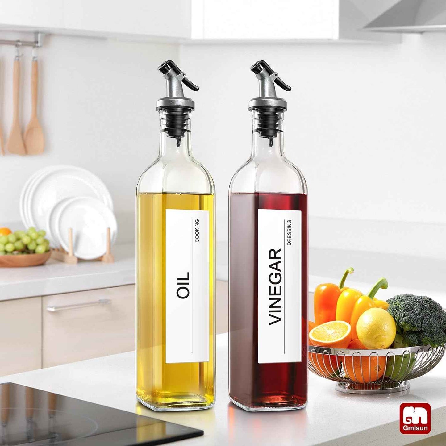 GMISUN Olive Oil Dispenser for Kitchen, 4 Pack 17 fl oz Glass Oil Dispensers Bottle, Cooking Soy Sauce Bottle Container Cruet with Plastic Pourer Spout, Funnel and Labels, Clear