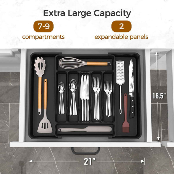 Extra Large Expandable Black Silverware Organizer for Silverware, Cutlery, and Utensils, BPA-Free, Adjustable