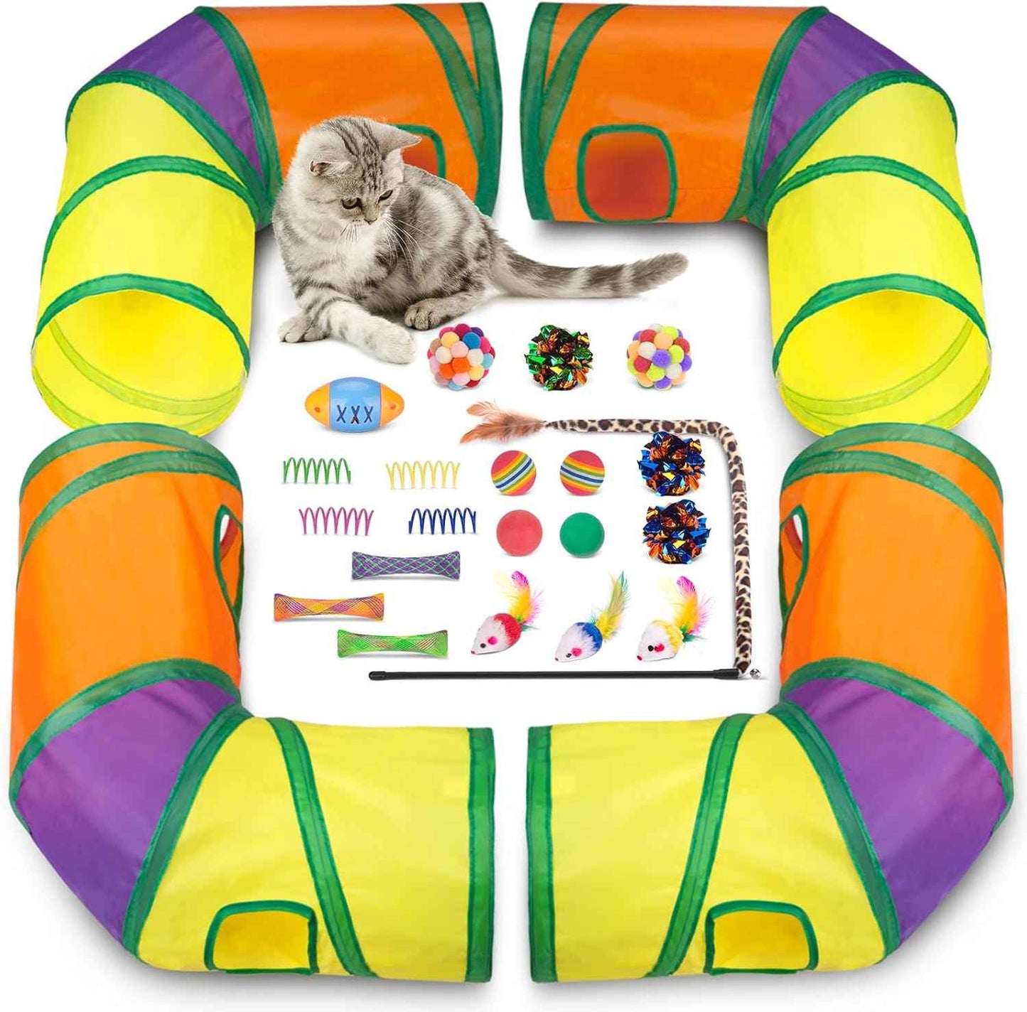 Retro Shaw Cat Toys Pack 33Pcs, Interactive Kitten Toys for Indoor Cats Kitty with Collapsible Play Tunnel Tube Tent Feather Wand Teaser Bell Fuzzy Ball Springs Mouse Toy