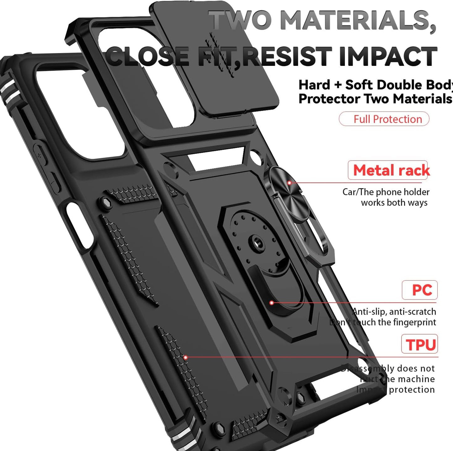 Motorola Moto G 2025 Case, with Slide Camera Cover HD Screen Protector [Military Grade 16ft. Drop Tested] Magnetic Ring Holder Kickstand Protective Phone Case for Motorola Moto G 2025, Black