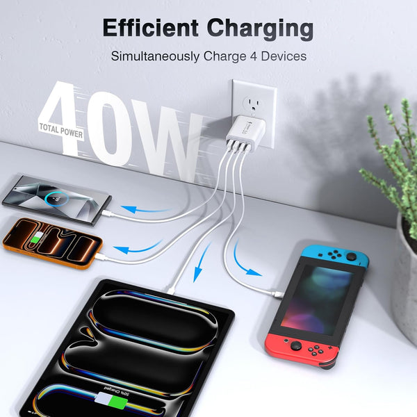 40W USB C Charger Cube, 2-Pack Fast Charging Block, 4-Port Power Adapter