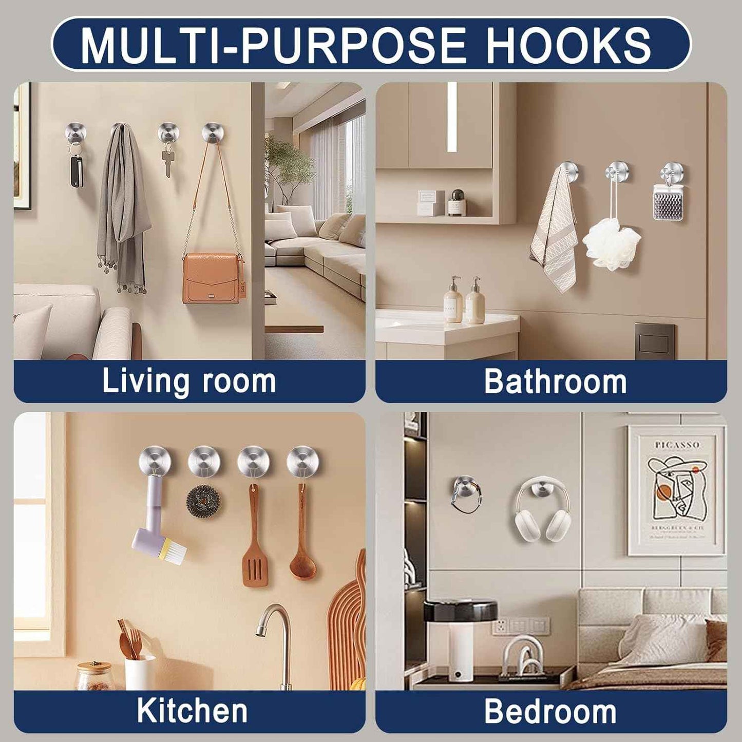 Silver Suction Cup Hooks for Shower Waterproof - Set of 4, No Drill Stainless Steel Towel Hooks for Bathroom Wall, Kitchen, Glass, Mirror, Tile - Ideal for Hanging Towels, Robes, and Loofahs