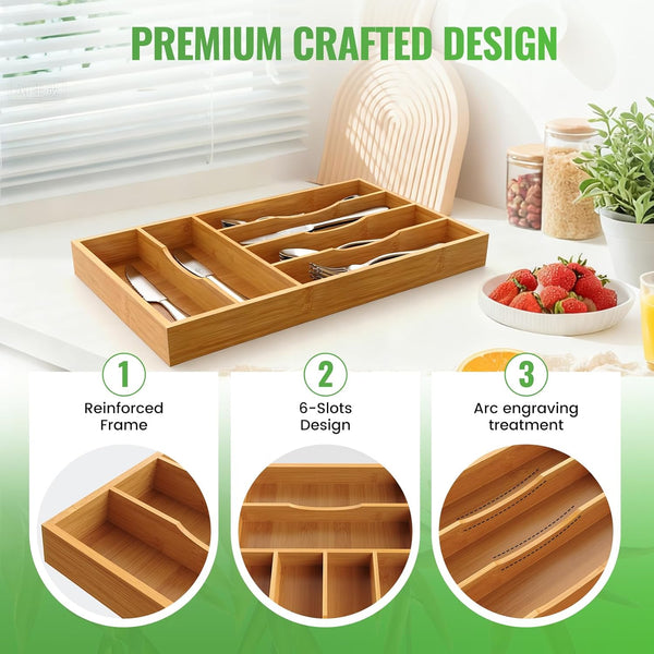 Bamboo Silverware Organizer for Kitchen and Office Use