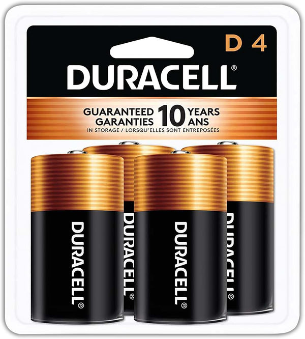 Duracell Coppertop D Batteries, 4 Count (1 Pack), D Battery with Long-lasting Power, All-Purpose Alkaline Battery for Household and Office Devices