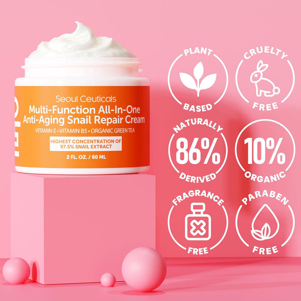 SeoulCeuticals 97.5% snail mucin moisturizer cream, cruelty free, K beauty skincare day and night repair cream, 2 oz