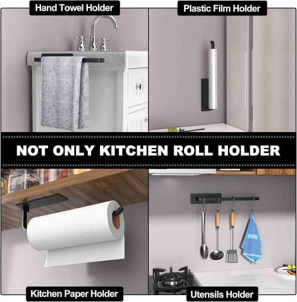 Upgraded Aluminum Paper Towel Holder - Self-Adhesive or Drilling, Matte Black, Kitchen Roll Dispenser