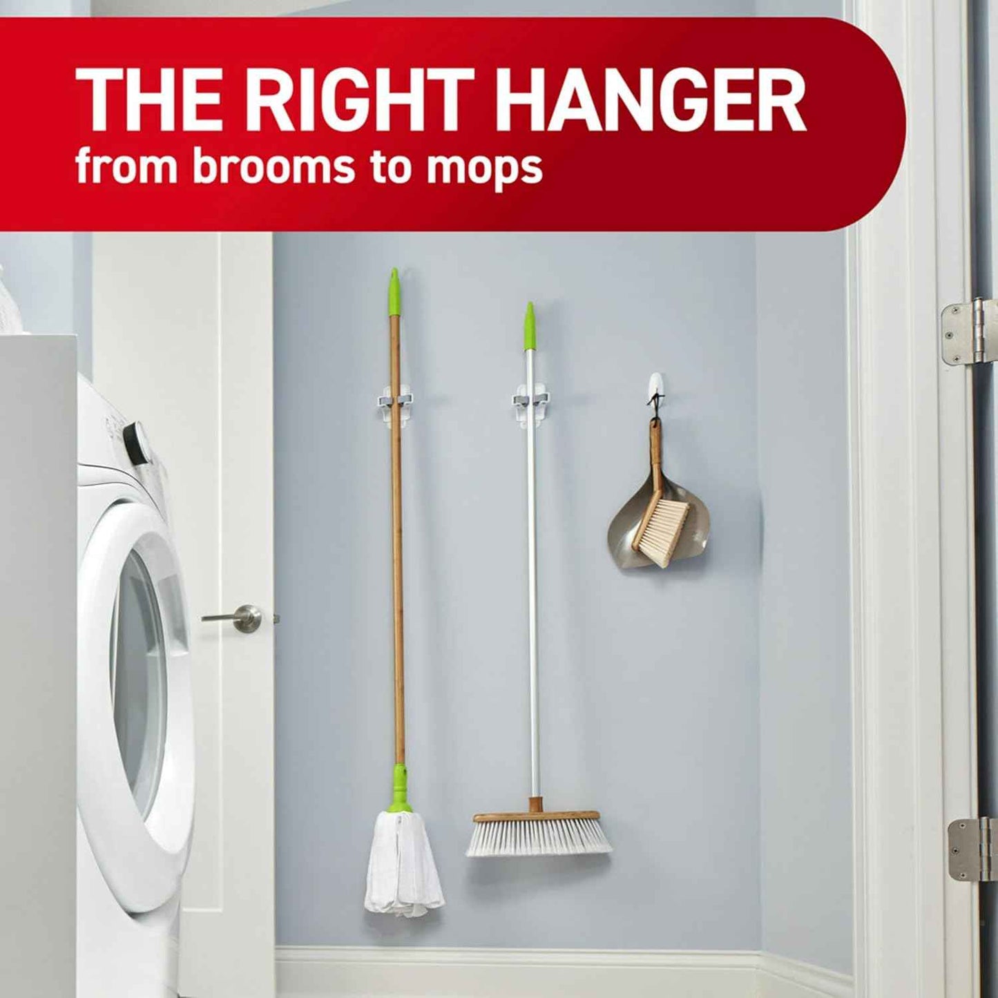 Command Broom and Mop Grippers, 2 Hangers and 4 Strips, Damage-Free Hanging Wall Mount Broom and Mop Holder, Household Cleaning Organizer for Christmas Decorations, Holds up to 4 lb