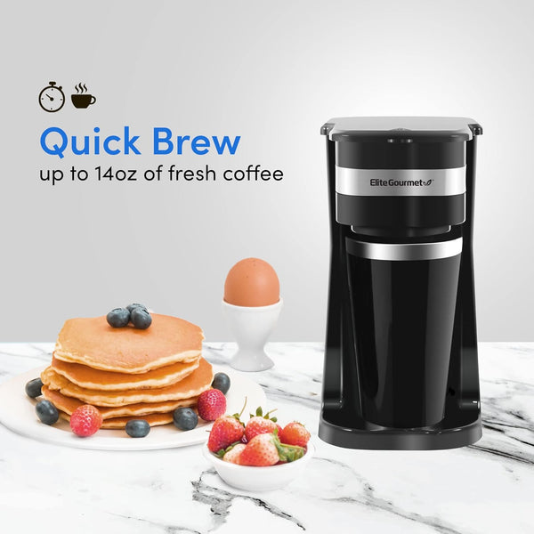 Compact single-serve coffee maker with 14Oz. thermal travel mug and reusable filter