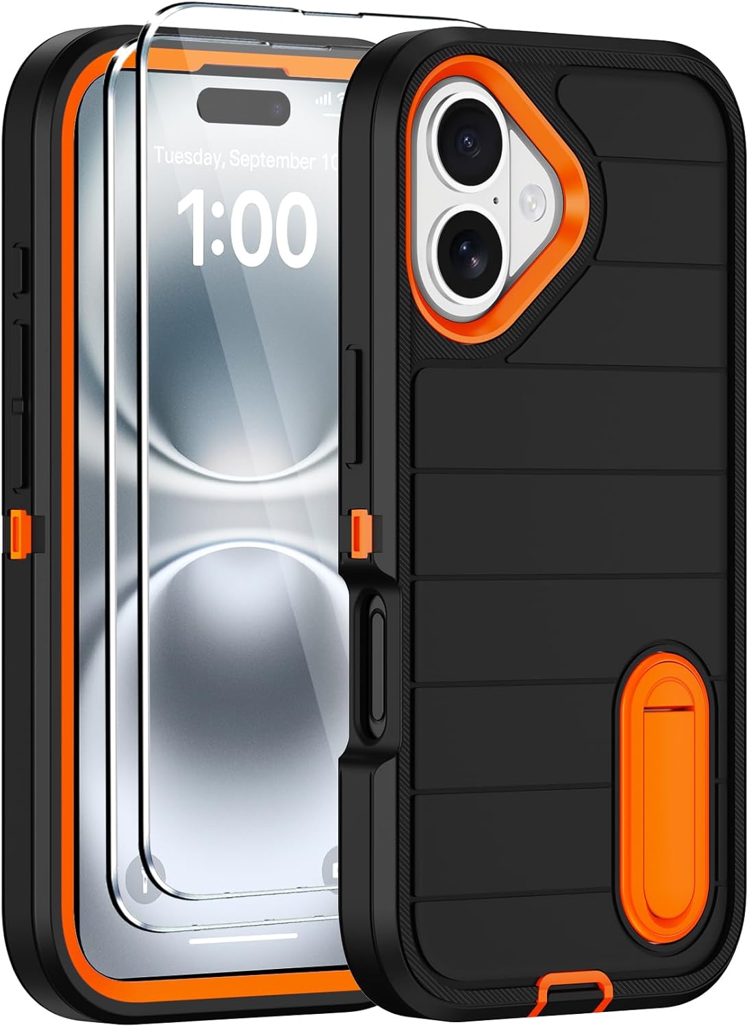 for iPhone 16 Case with 2 Screen Protectors,Heavy Duty Shockproof Drop Protection Military Grade Tri-Layer Rugged Cell Phone Cover with Built-in Invisible Kickstand 6.1“ (Black)