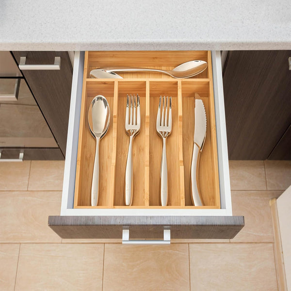 Bamboo kitchen drawer organizer for small drawers, 9 inch silverware tray holder