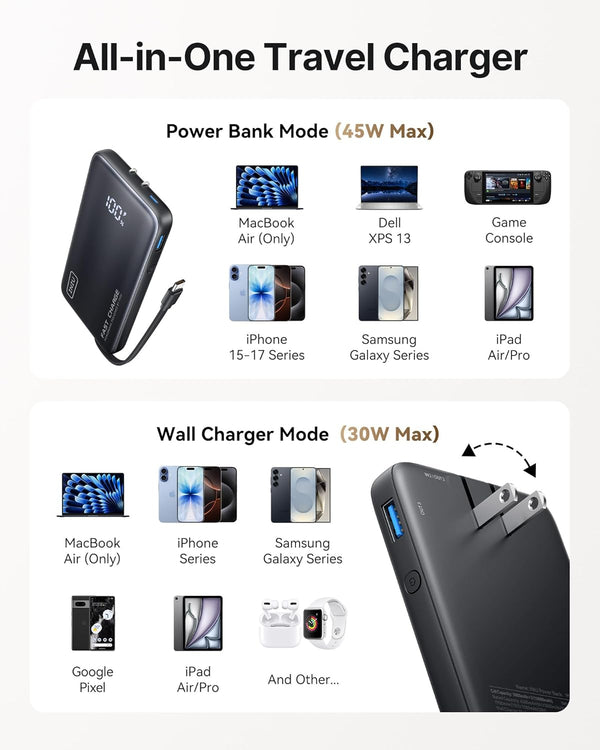 INIU Portable Charger, Ultra Small 45W Fast Charging Power Bank with Built-in AC Wall Plug, 10000mAh GaN 3-in-1 Battery Pack for Flight-Safe Travel, for iPhone 17 16, Samsung S26, iPad etc, Black
