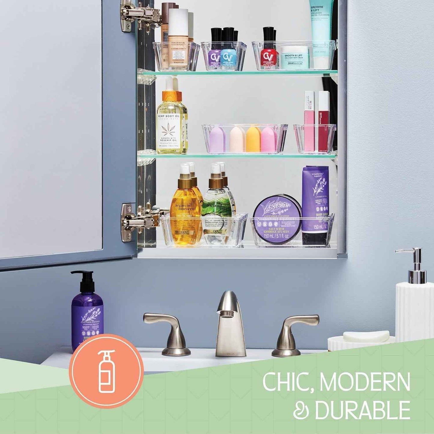 25PCS Clear Plastic Organizer Set, 4 Sizes, Non-Slip Pads for Makeup, Jewelry, Vanity, Kitchen, Office, Desk, Bathroom Drawers