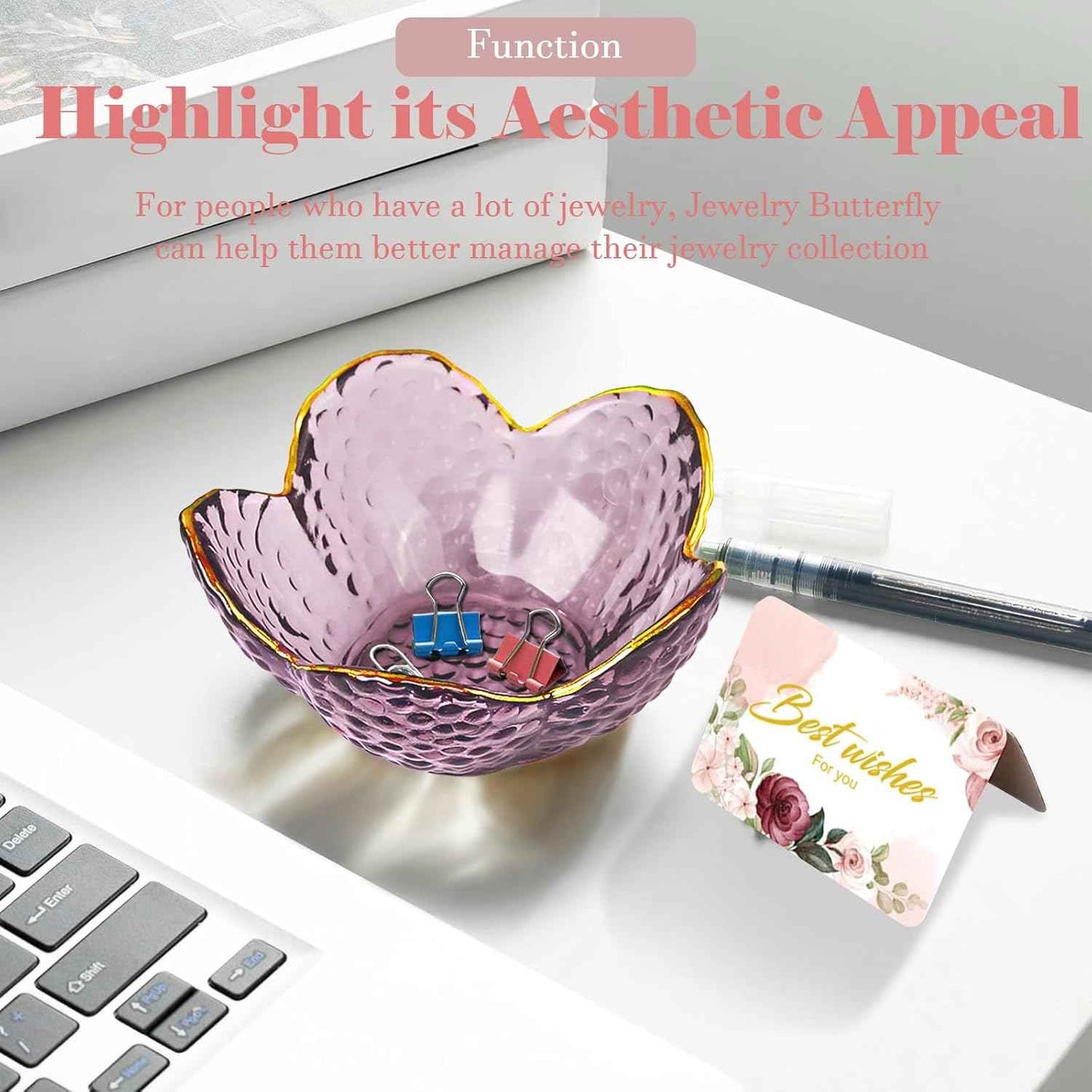 Purple Flower Jewelry Dish Glass Ring Holder Dish Jewelry Tray Cute Vanity Organizer Aesthetic Nightstand Bathroom Room Decor Trinket Dish Valentine's Friendship Christmas Birthday Gifts for Women