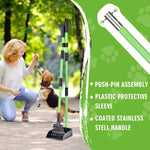 mxf pooper scooper, stainless metal tray and rake set for small dogs, heavy duty, long handle, green